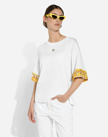 COTTON JERSEY T-SHIRT WITH MAJOLICA-PRINT SILK TWILL DETAILS